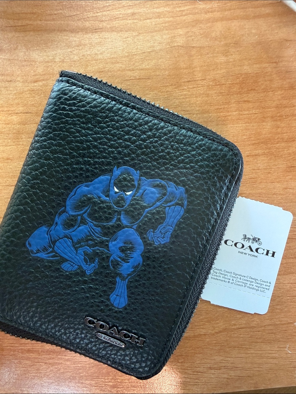 Coach Black Leather Zip Wallet with Blue Graphic Character